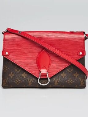Authentic Louis Vuitton ST Michel shoulder bag monogram body & red Epi leather